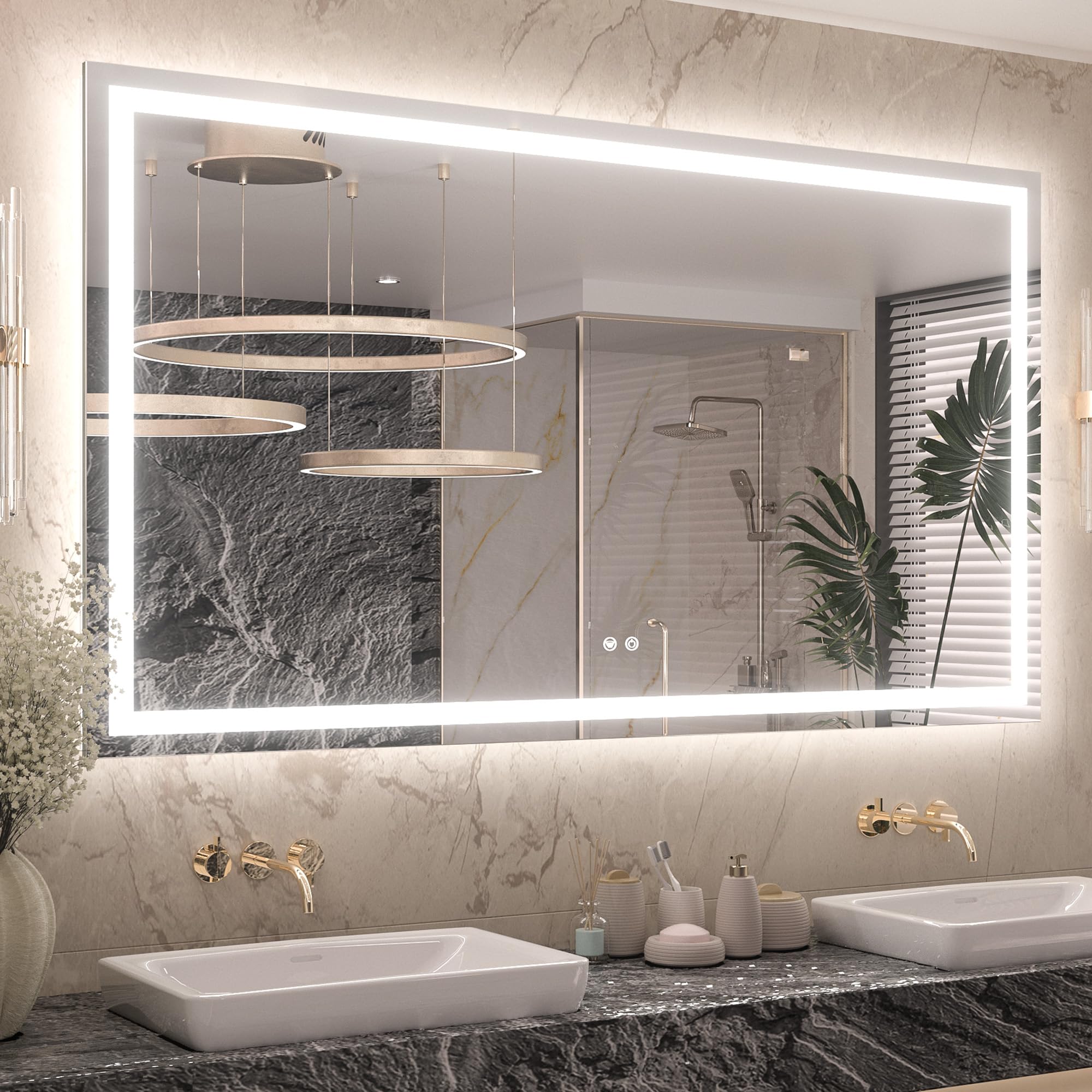 Photo 1 of Keonjinn LED Bathroom Mirror with Light 60 x 36 Inch, Frontlit & Backlit Vanity Mirrors with 3 Color Lights, Large Stepless Dimmable Mirror with Anti-Fog, HD Tempered Glass, UL-Listed LED Driver