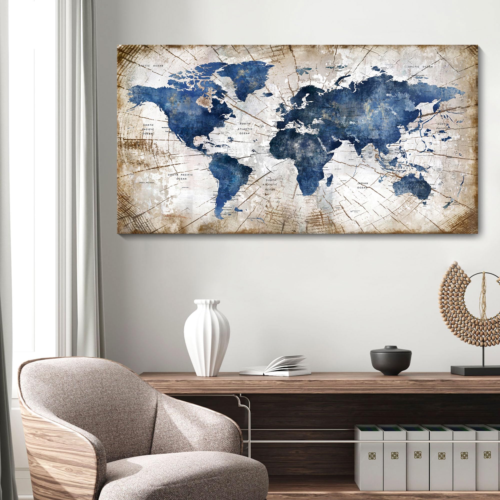 Photo 1 of **DAMAGE SLIGHT IN PHOTO**World Map Canvas Wall Art Abstract Navy World Maps for Wall Vintage Modern Wall Art for Office Framed Pictures for Living Room Bedroom Wall Decoration for Home Office Decor Artwork for Walls 24x48IN