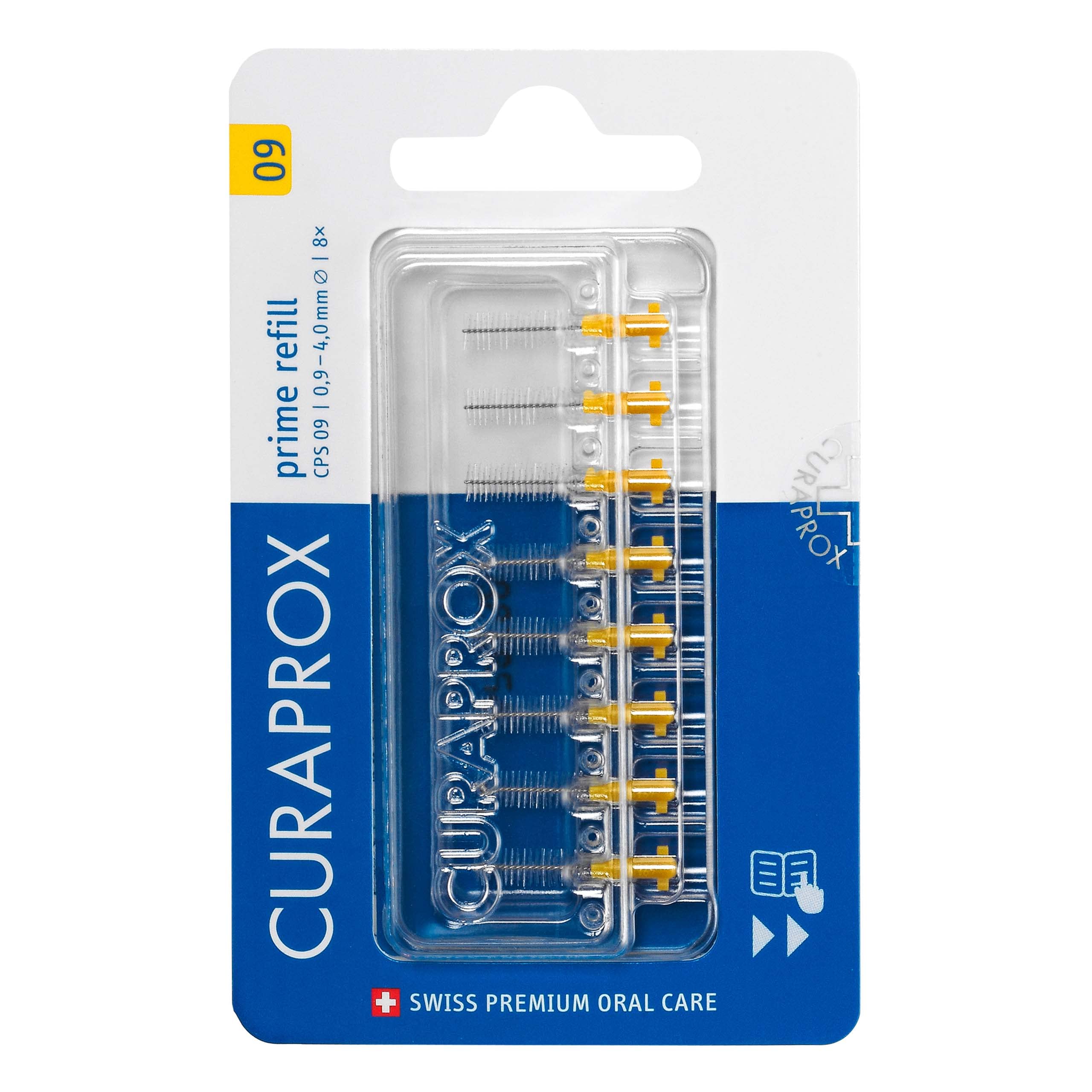 Curaprox Interdental Brush Refills CPS 09 Prime – ISO Size 2, Yellow | Ultra-Fine Filaments for Gentle Plaque Removal | 8-Pieces | Made in Switzerland