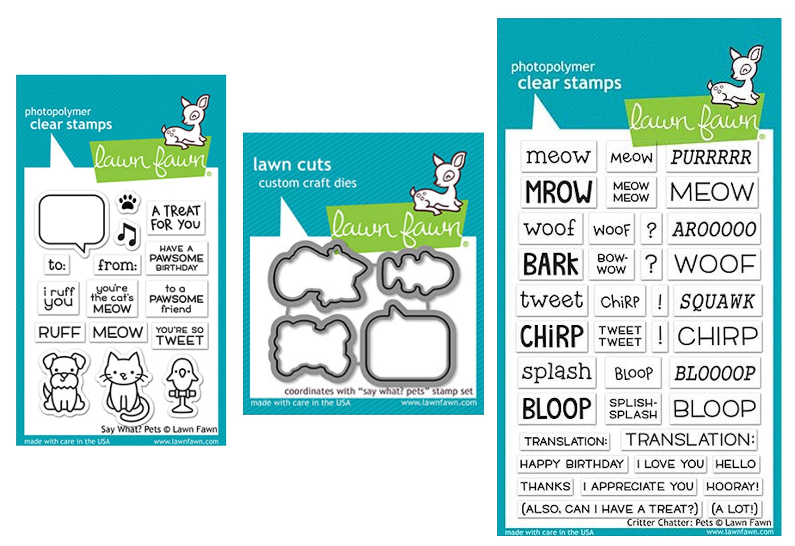Lawn Fawn"Say What?" Pets 3"x4" Clear Stamp Set, Coordinating Die Set and Critter Chatter 4"x6" Clear Stamp Set, Three Piece Bundle (LF1962, LF1963, LF1964)