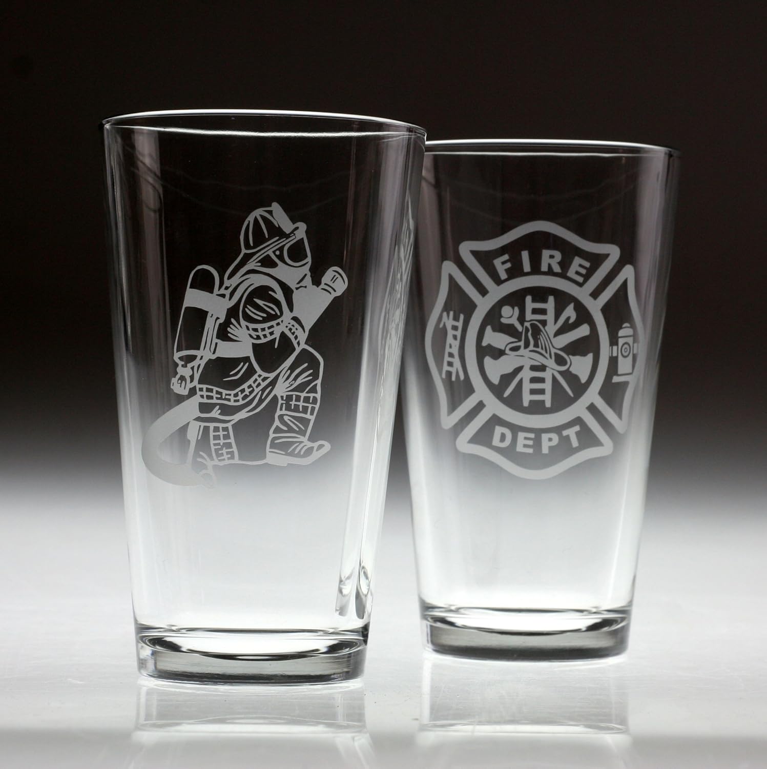 Engraved Firefighter & Maltese Cross Set Etched Pint Glass