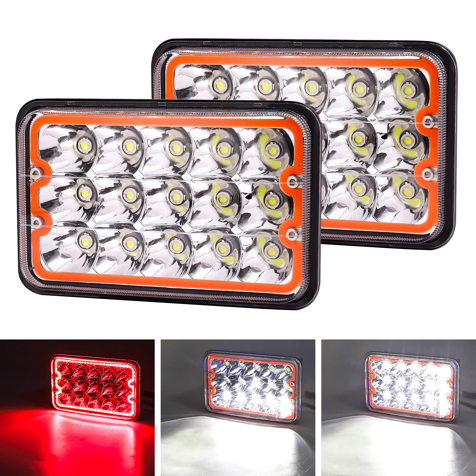Photo 1 of 2PCS 4x6 LED lights Red Halo,6x4 LED lights Rectangular High Low Sealed Beam H4 Socket Replacement H4651 H4652 H4656 H4666 H6545 for Trucks Van & More