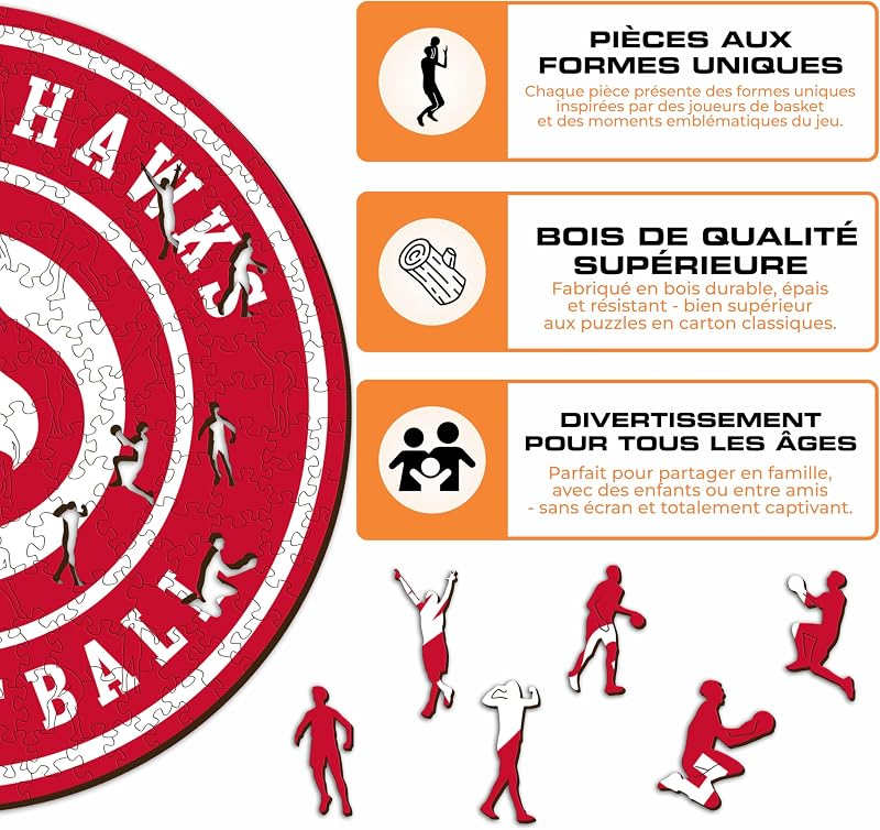 - Atlanta Hawks, Logo, Puzzle en Bois sous Licence Officielle NBA, 100% Durable, Taille S, 150 pièces — photo 7 sur 8