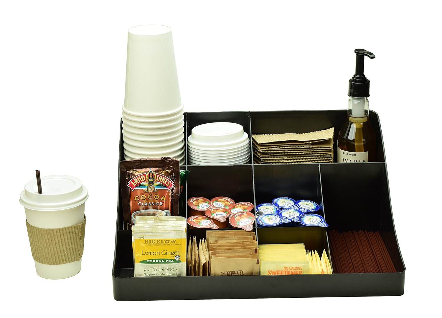 Black Coffee Condiment Organizer Caddy Tray - Perfect Storage Bin Station Holder For Small Home Table Or Office Breakroom - Box Organizers And Bins Hold Creamer Pod Sugar And Cup on Countertop