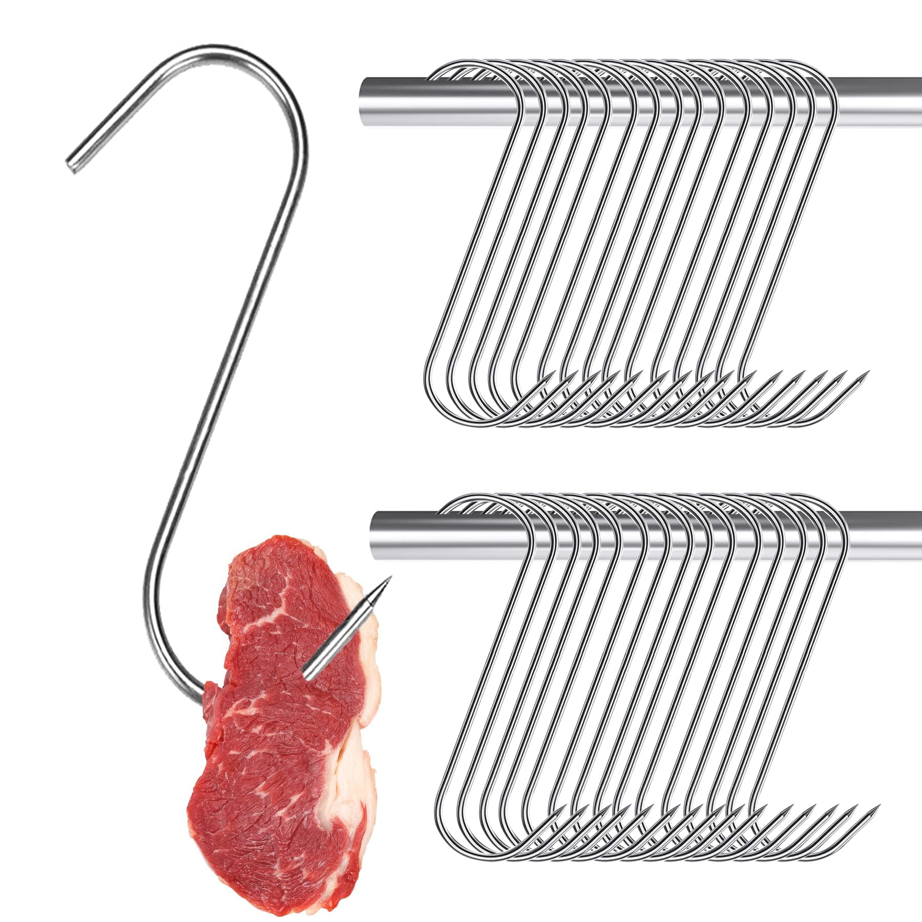 DINGFENG Meat Hooks, 30Pcs Stainless Steel 304 S Hooks, Premium Butcher's Hook, Meat Hooks for Hanging, Wall S-Shaped Hooks–for Hot and Cold Smoking, Chicken Hunting Smoking Ribs,Beef, Fish (13 cm)