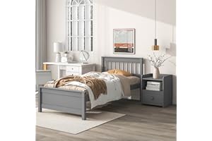 AOCOROE Bedroom Furniture Set with 1 Twin Beds Frame & 1 Nightstand, for Boys Girls, Kids Twin Beds Platform Bed Frame with Headboard & Footboard, Nightstand with 2 Open Shelves & Storage Drawer, Gray