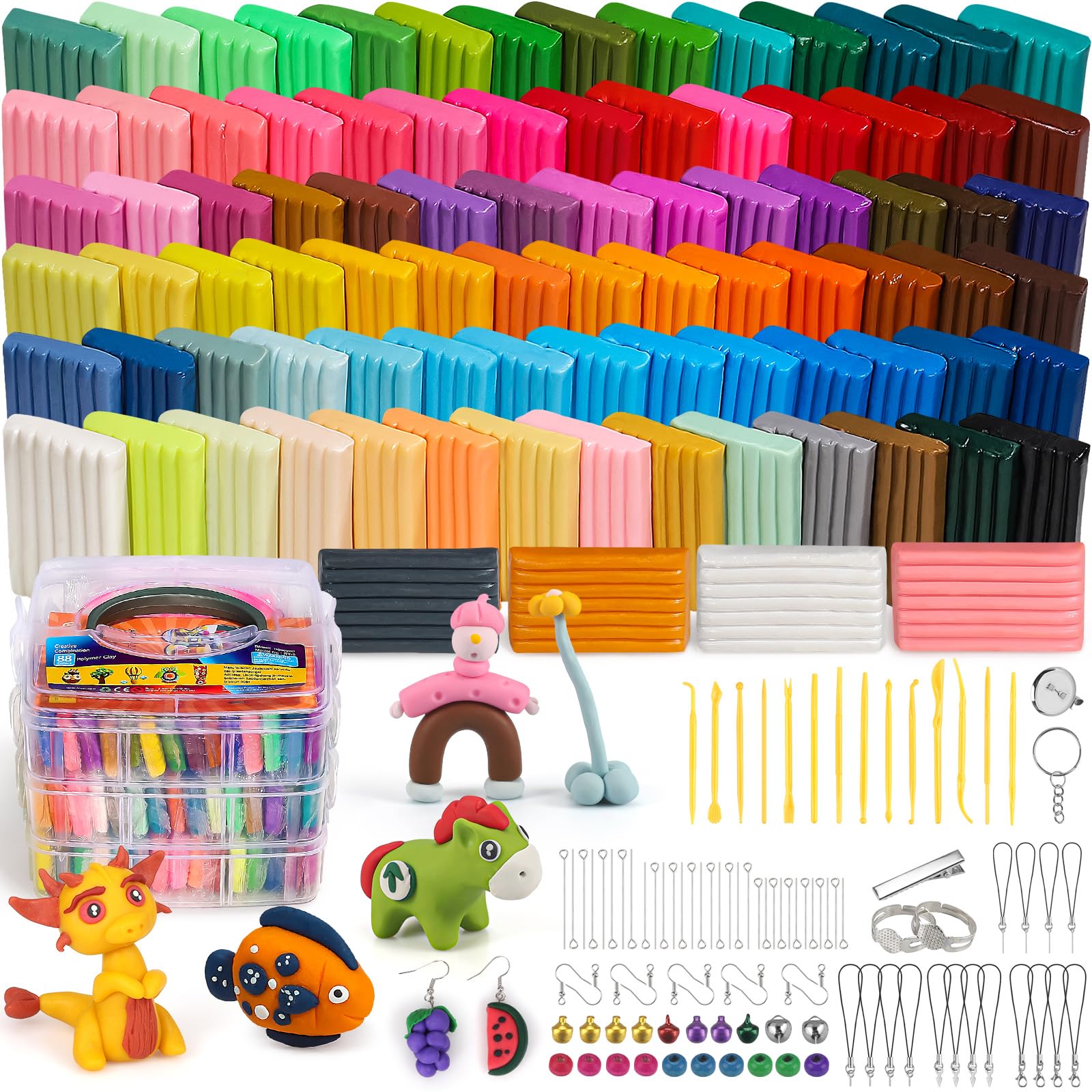 Polymer Clay Set, Ixiaoyoo 88 Colors Modeling Clay Kit with Sculpting Tools and Accessories Oven Bake Clay Non-Toxic Non-Sticky, Creative Gift for Children and Artists