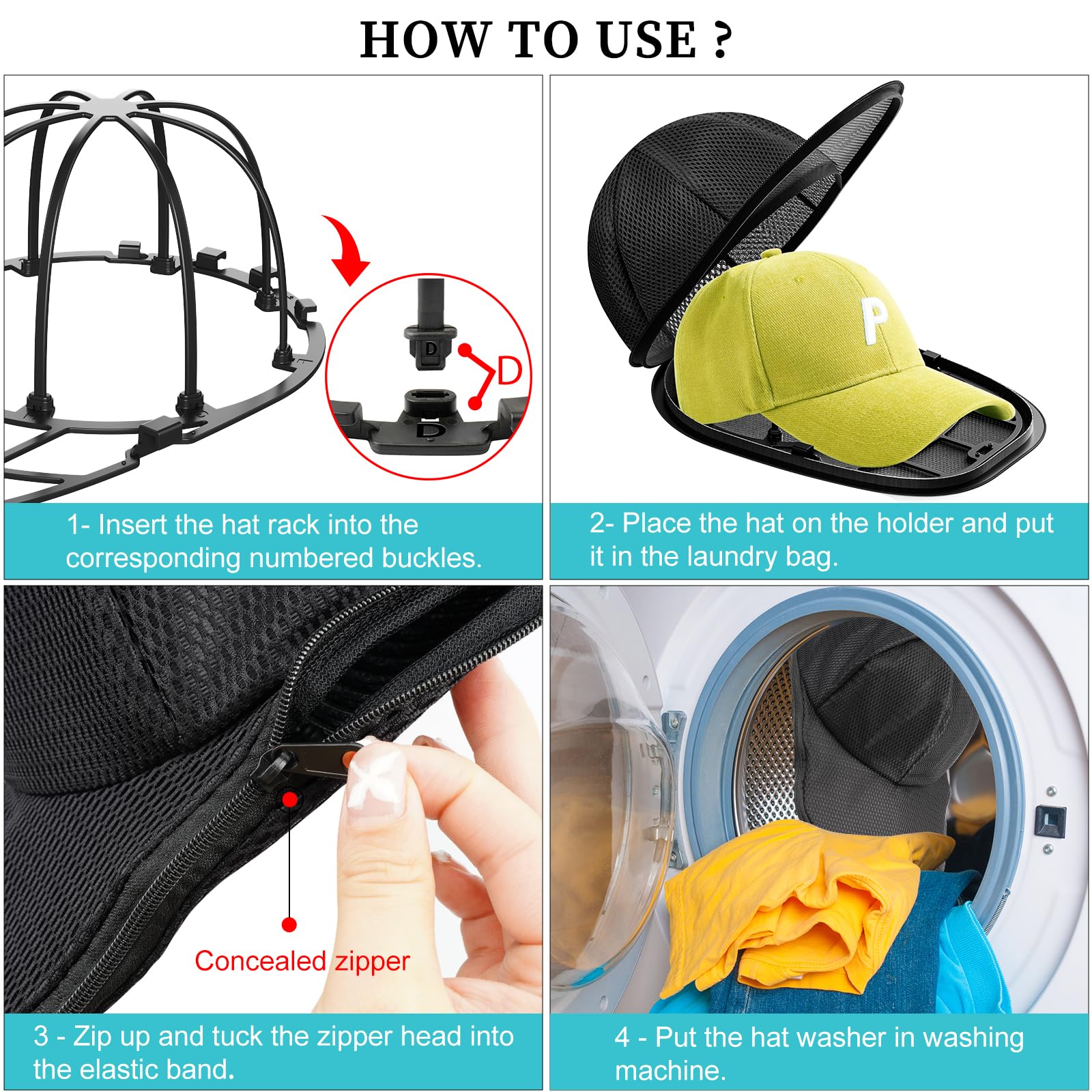 Fododo Hat Washer Cage for Washing Machine Ball Cap Washer Hat Cleaner for Baseball Caps Cleaning Rack Frame with Hat Laundry Wash Protector Bag for Hats Adults and Kids