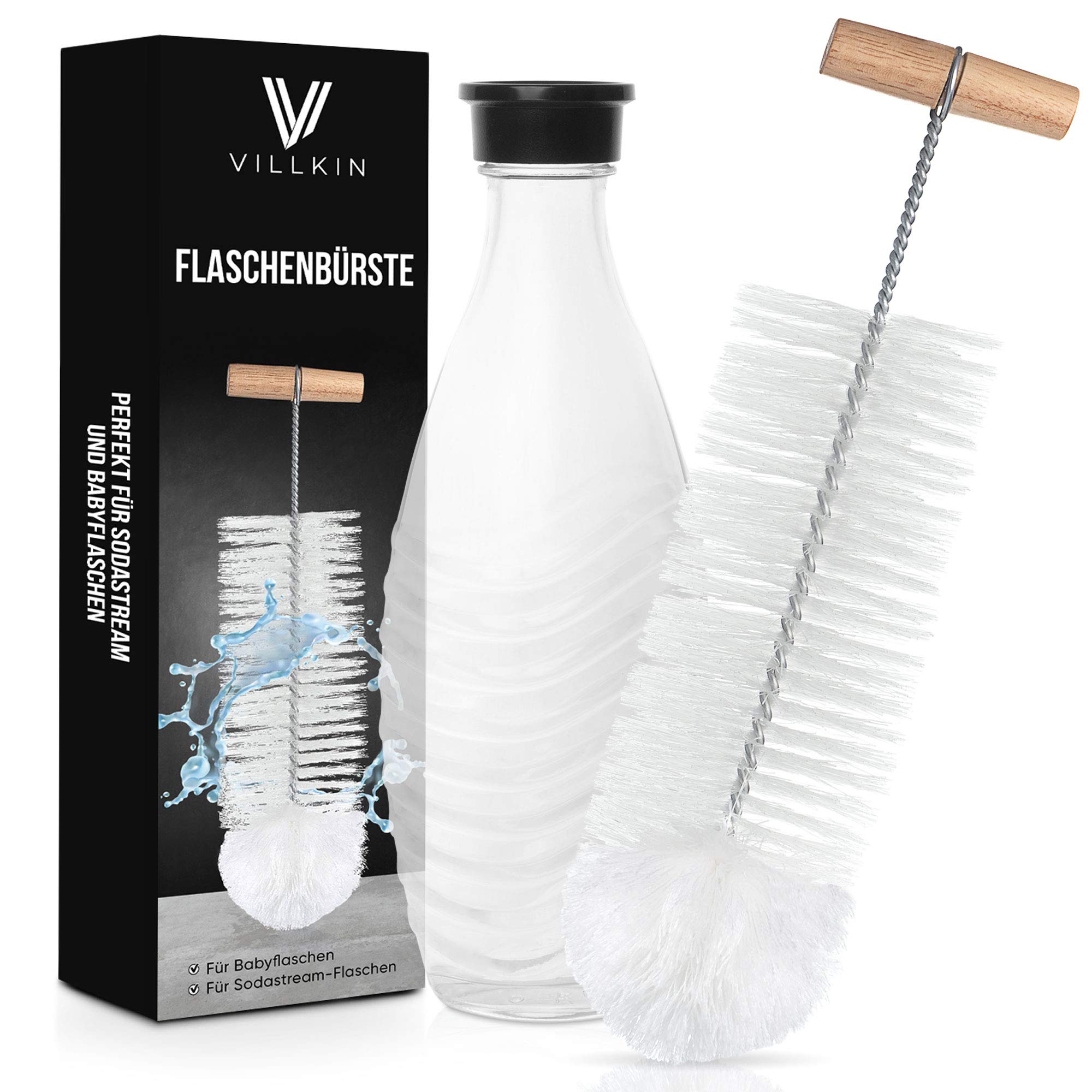 Villkin Bottle Brush Compatible with SodaStream Glass Bottles, Baby Bottles and Glasses - Cleaning Brush with Wool Head for Scratch- Cleaning of Glass and Plastic (Transparent/White, Universal)