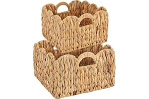 FairyHaus Wicker Basket 2Pack, Scalloped Wicker Storage Basket with Handles, Handwoven Natural Water Hyacinth Bakests for Storage, 11 x 11 x 7" & 9.45 x 9.45 x 6.5" (L+M)