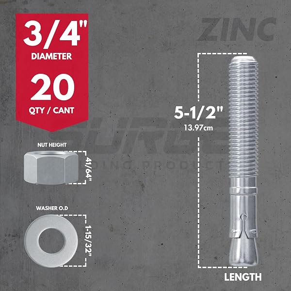 3/4″ X 5-1/2″ ZINC-PLATED WEDGE ANCHORS FOR CONCRETE AND CEMENT | HEAVY-DUTY 3/4 CONCRETE ANCHORS (BOX OF 20)