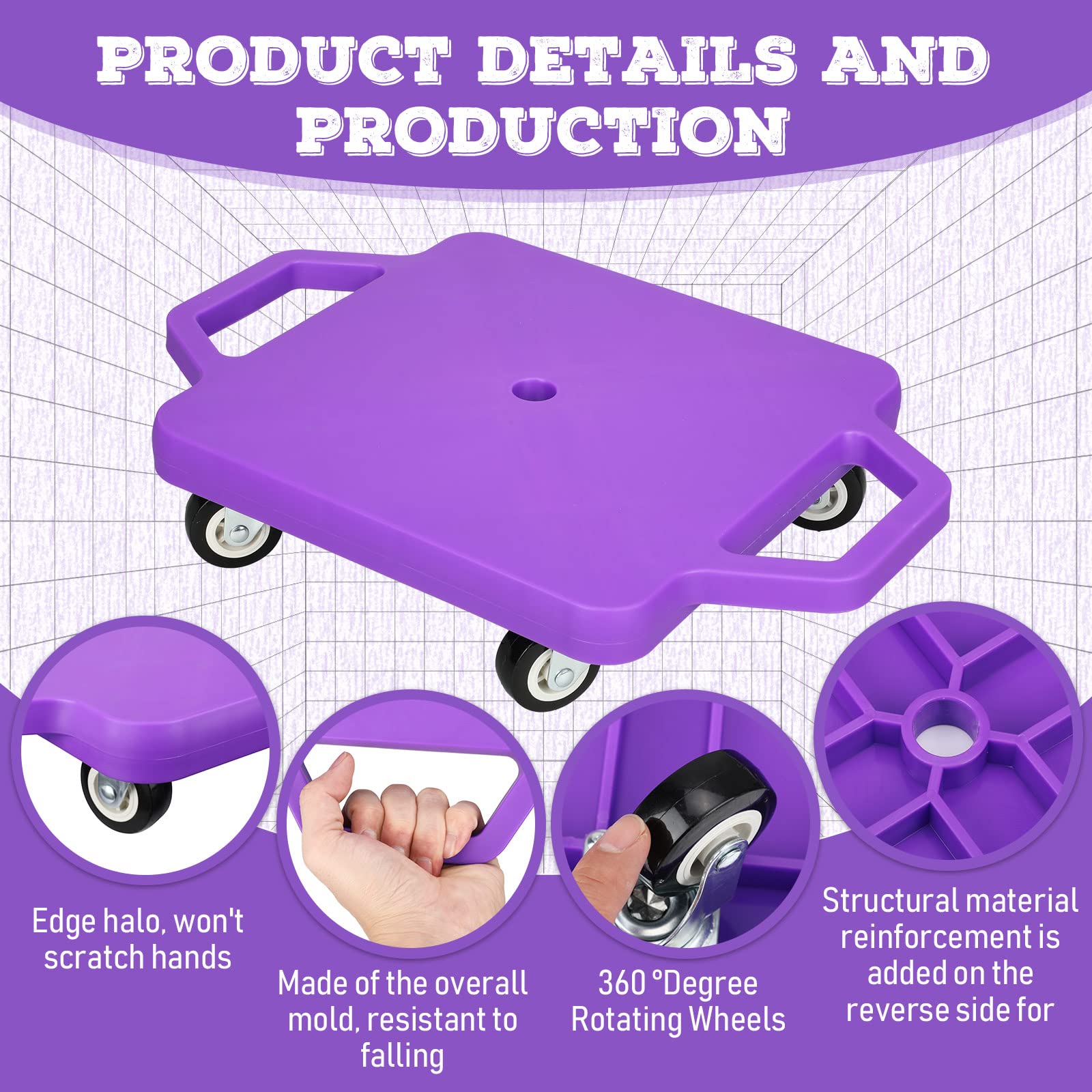 Jerify 8 Pieces Sports Scooter Board Sitting Scooter Board for Kids Plastic Floor with Non-Marring Plastic Casters, Physical Education for Home School Play Equipment