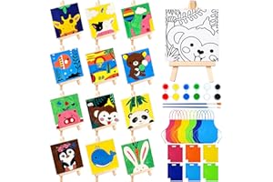 SYTUHETE 48PCS 12 Sets Printed Canvas Paint Art 12 Pcs Wooden Easel Set Paint Pots and Brushes and 12 Pre Drawn Canvas Panel 12 Pcs Mini Apron and Tote Bag for Kids(Dainty)