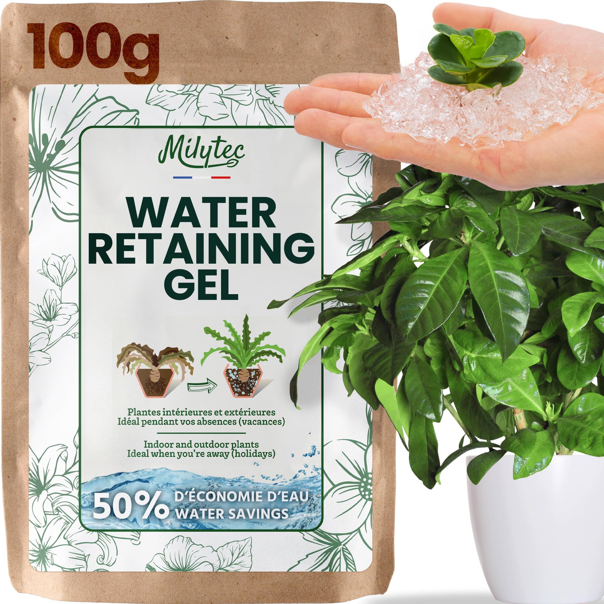 MILYTEC® Water Retaining Gel Granules 100g - Premium Water Storing Gel for Plants - Automatic Watering Granules for Indoor and Outdoor Use - Soil Moisture Gel Crystals for Enhanced Hydration
