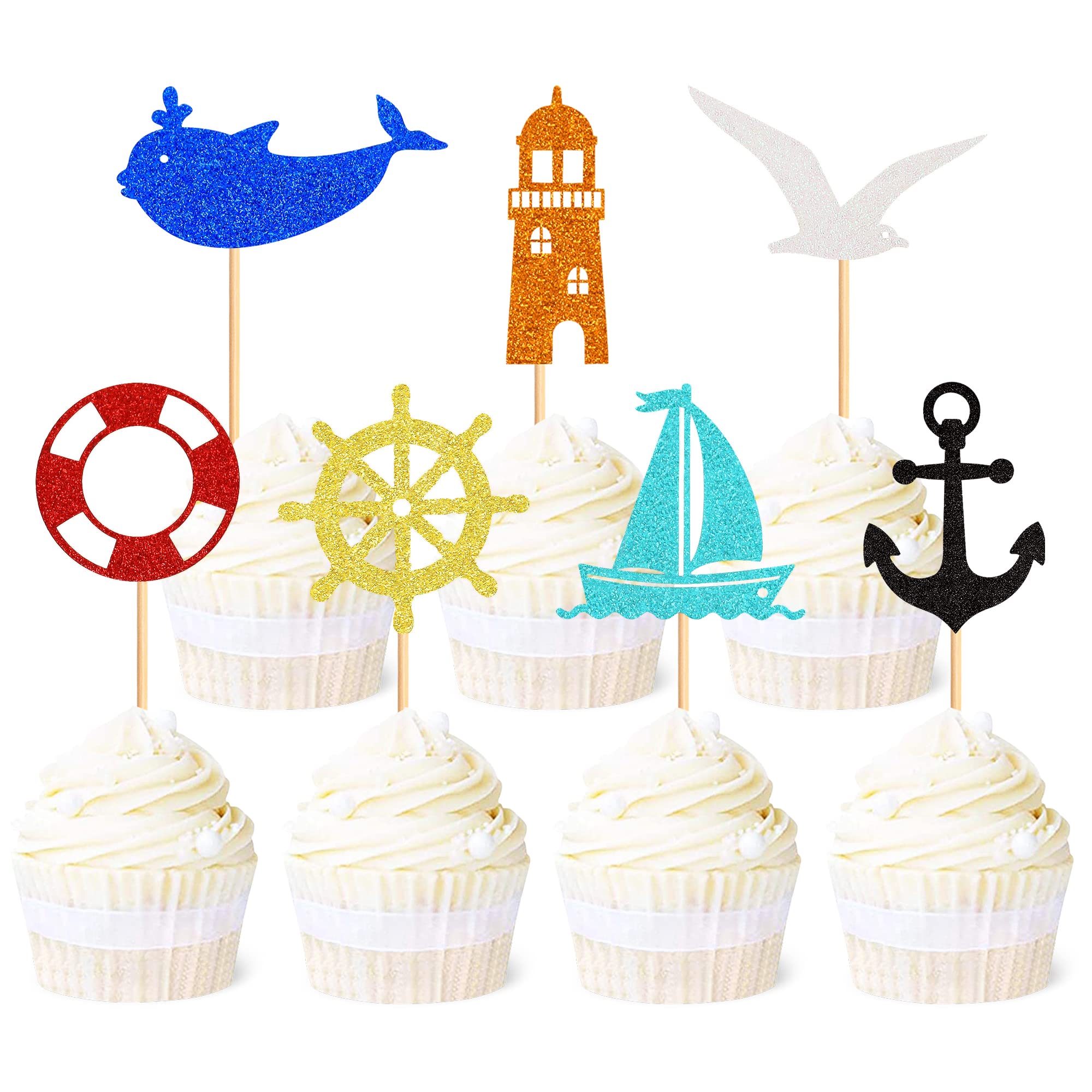 Blumomon 28Pcs Nautical Cupcake Toppers Sailing Theme Dolphin Beacon Seabird Cake Topper Decorations Ship Nautical Sailing Anchor Cupcake Picks for Ocean Theme Birthday Party Baby Shower Supplies