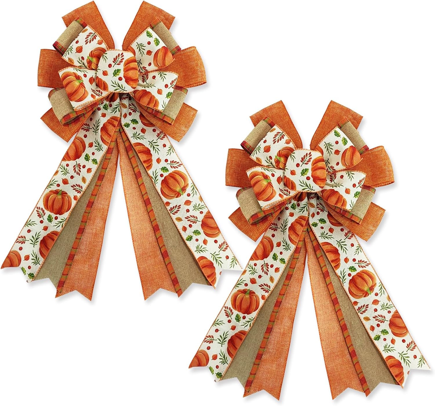 Bows & Ribbons - Whaline 2 Pack Fall Wreath Bow Pumpkin Print Burlap Bow Autumn Decorative Tree Topper Ornaments Gift Bow for Thanksgiving Birthday Wedding Party Supplies Indoor Outdoor Home Decor, 19.7 x 11.4 Inch