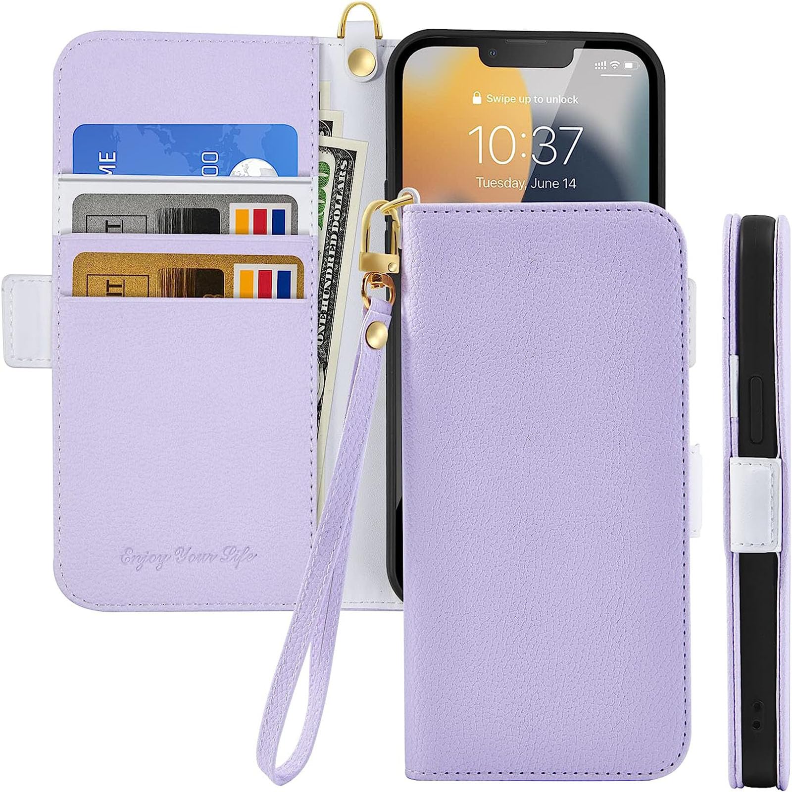 Tiyoo Flip Phone Case for iPhone 12 Pro Max, Magnetic Wallet Case for Phone Protection, Lychee Pattern PU Leather with Card Slots & Wrist Strap, Shockproof Phone Cover for iPhone 12Pro Max, Lavender