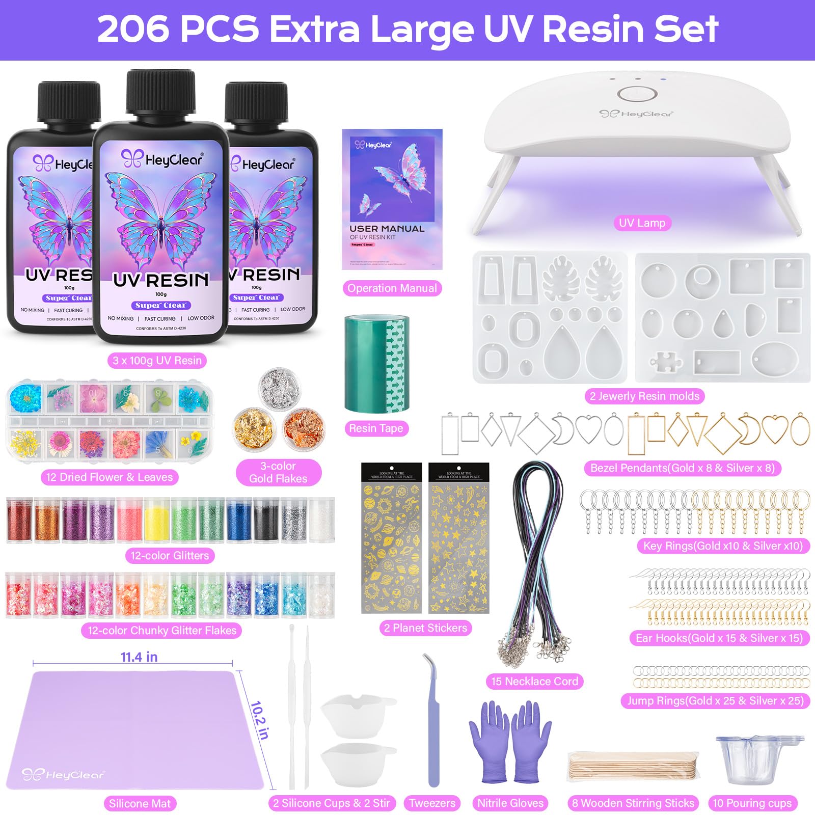 HeyClear UV Resin Kit with Molds and UV Light for Jewelry Making -300g Super Clear, Hard, Low Odor, Premixed and Fast Curing for Earrings, Craft Decorations, DIY Creation Gifts