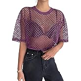 Zeagoo Womens Mesh T Shirts Short Sleeve Casual Tops Hollow Out Pullover Shirts Crewneck Sexy Fishnet Crop Tee S-XXL