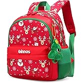 Reqinqin Kids Christmas Backpack with Santa & Reindeer Print Waterproof Holiday School Bag with Plush Tree Keychain & Gift Bag Perfect Christmas for Boys and Girls