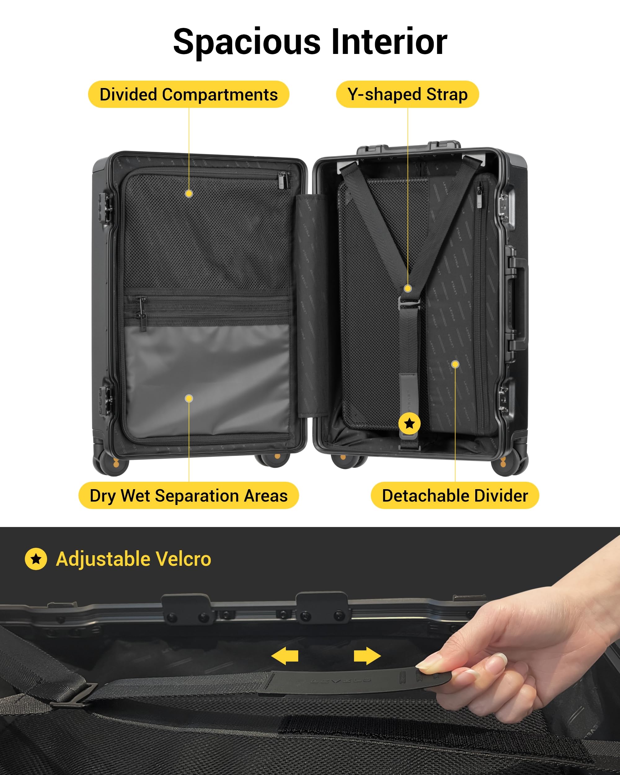 LEVEL8 Zipperless Carry On Suitcase Airline Approved with Aluminum Frame, Hard Shell Luggage with Spinner Wheels, Metal Travel Luggage with Double Tsa Locks, 20 Inch, Black