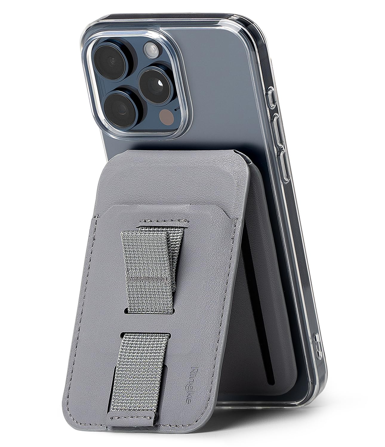 Ringke Stand Grip Wallet Magnetic Card Holder [3 Cards Space] PU Leather Phone Wallet with Adjustable Stand Grip Feature, Compatible with MagSafe, for iPhone 15 14 13 12 Series - Light Gray