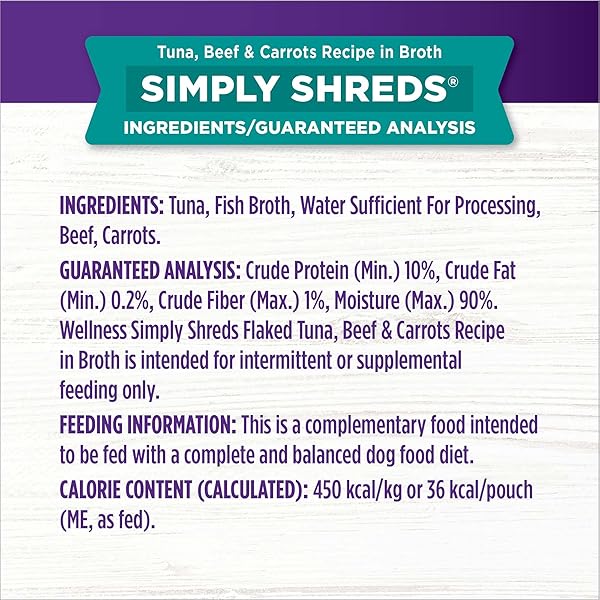 WELLNESS BOWL BOOSTERS SIMPLY SHREDS WET DOG FOOD TOPPER FOR SMALL, MEDIUM, & LARGE BREEDS, GRAIN FREE, NATURAL, TUNA, BEEF & CARROTS, 2.8 OUNCE POUCH (PACK OF 12)