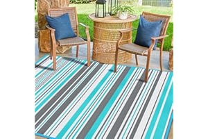 KALAFUN Outdoor Patio Rug Waterproof Camping - Outdoor Rugs Carpet, Plastic Straw Area Rug for Patios Clearance RV, Outside Porch Rug Balcony RV Rug Deck Rug for Camper, Blue and Grey 4x6 ft