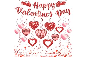 URANUS&NO.1 45 Pcs Valentines Day Decorations Kit - Happy Valentines Day Banner, Glitter Ceiling Hanging Hearts, Foil Swirls, Streamers Decor for Home Office Valentine Party Supplies