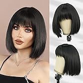 7JHH WIGS Yaki Short Straight Wig with Bangs 12in Short Natural Black Bob Wig Synthetic Natural Hair Heat Resistant 150% Density Staight Layered Wig for Women Daily Used