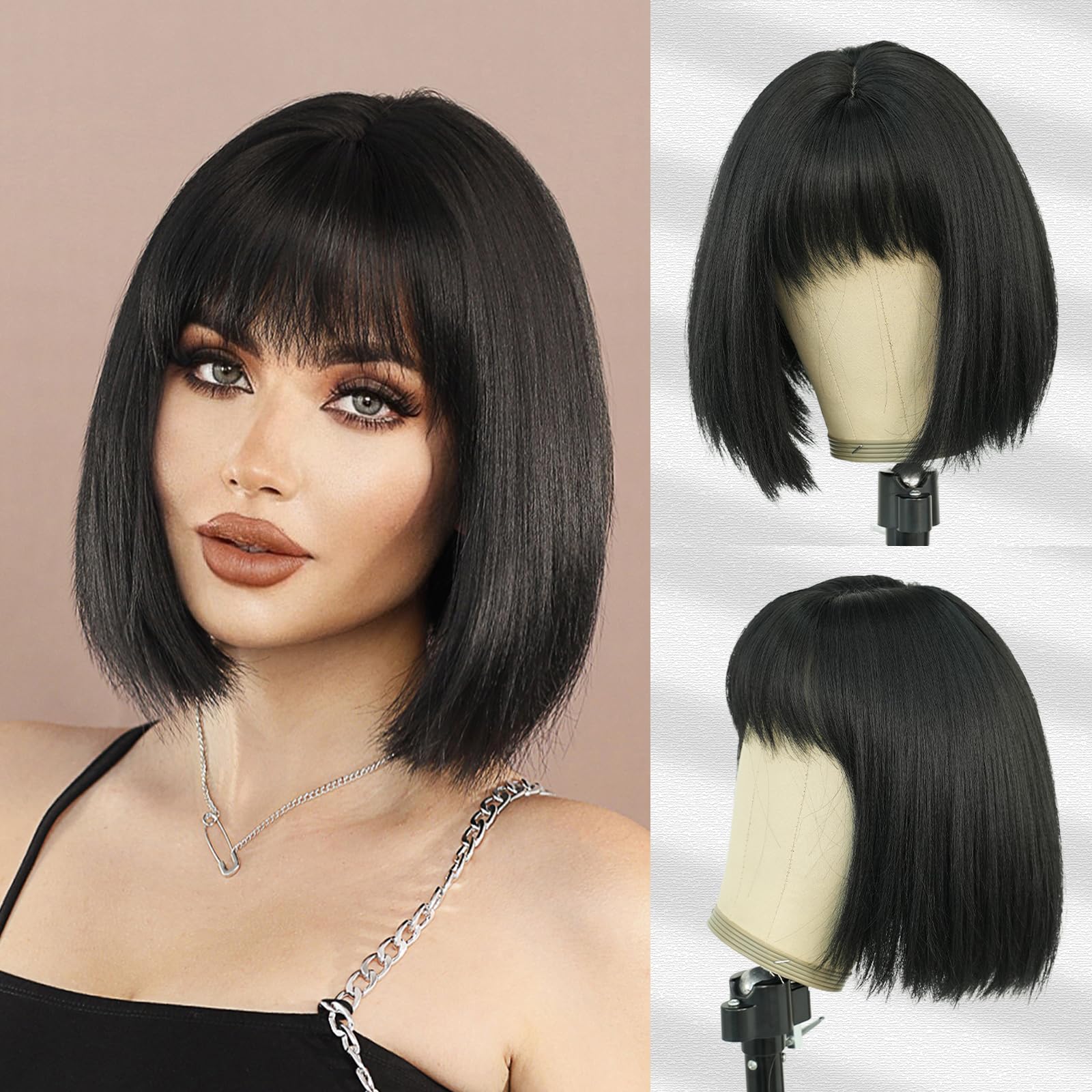 Photo 1 of 7JHH WIGS Yaki Short Straight Wig with Bangs 12in Short Natural Black Bob Wig Synthetic Natural Hair Heat Resistant 150% Density Staight Layered Wig for Women Daily Used