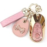Rayslesan Key Fob Cover with Leather Holder Compatible with Airtag/RFID,Compatible with Mercedes Benz S-Class G-Class E-Class EQE EQS 2020-2025,RFID Protector,Car Key Accessories(3-Button, Gold Pink)