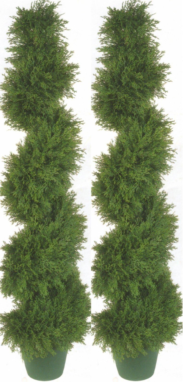 Two 4 Foot 3 Inch Artificial Cypress Spiral Topiary Trees Potted Indoor or Outdoor Cedar UV Rated Evergreen