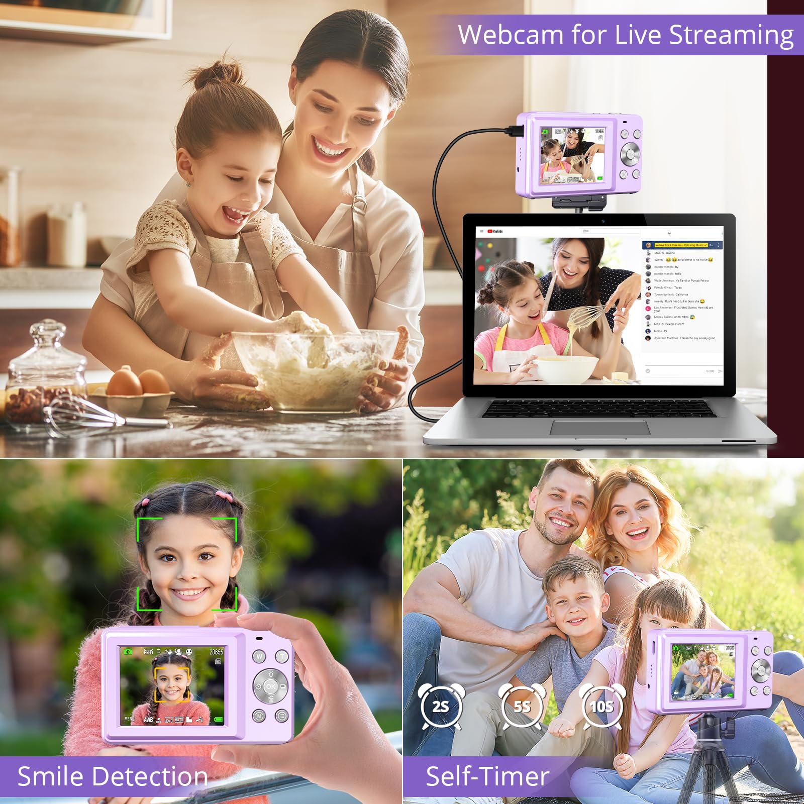 Toberto Digital Camera for Teens, FHD 1080P Digital Camera for Kids with 16X Zoom Anti Shake, Flashlight, 44MP Point and Shoot Camera Compact Small Camera for Girls, Boys, Students - Purple