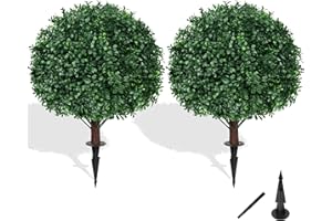Grooy Artificial Boxwood Topiary Ball Tree with Ground Spike, Set of 2 Artificial Shrub Bushes, Fake Evergreen Tree for Porch, Artificial Plants for Outdoor Planters Indoor UV Resistant