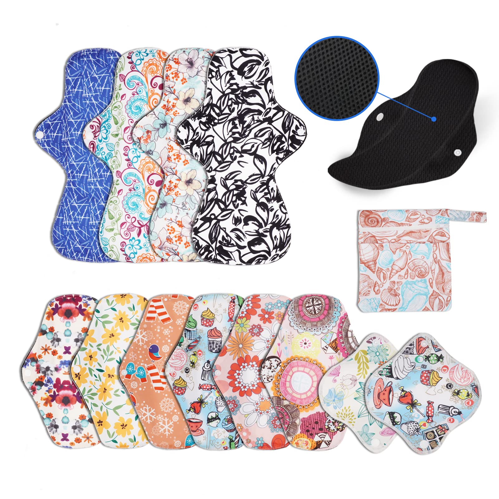 12 Pieces Mix Size Reusable Sanitary Towels Women Hygiene Sanitary Pads for Light Medium Heavy Flow and Night,Washable Cloth Sanitary Pad