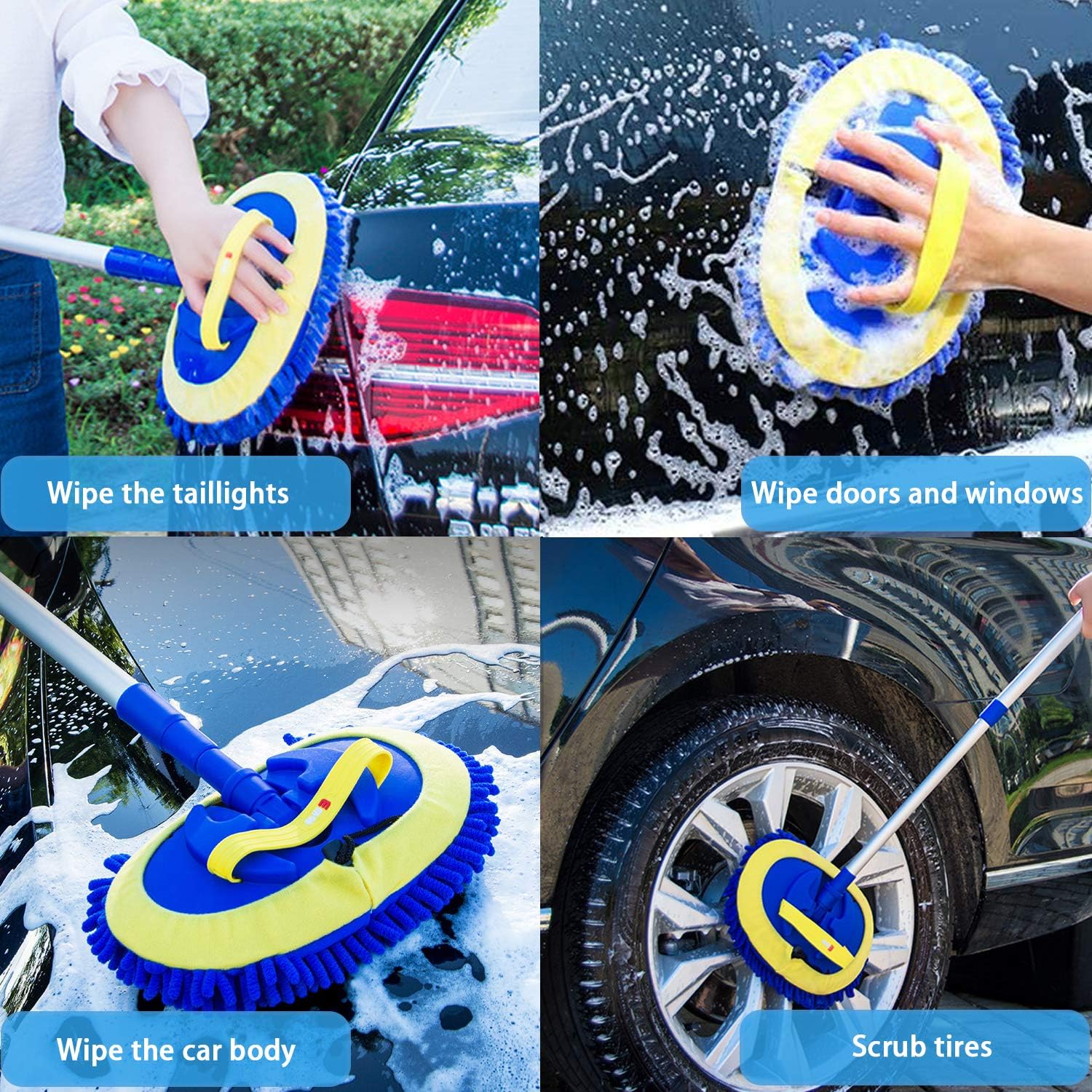 2 in 1 Microfiber Car Wash Mop Mitt with 45" Aluminum Alloy Long Handle,Chenille Car Cleaning Kit Brush Duster with Scratch Free for Washing Car/Truck/RV,2 Mop Head and 1 Towels and Air Vent Duster: Automotive