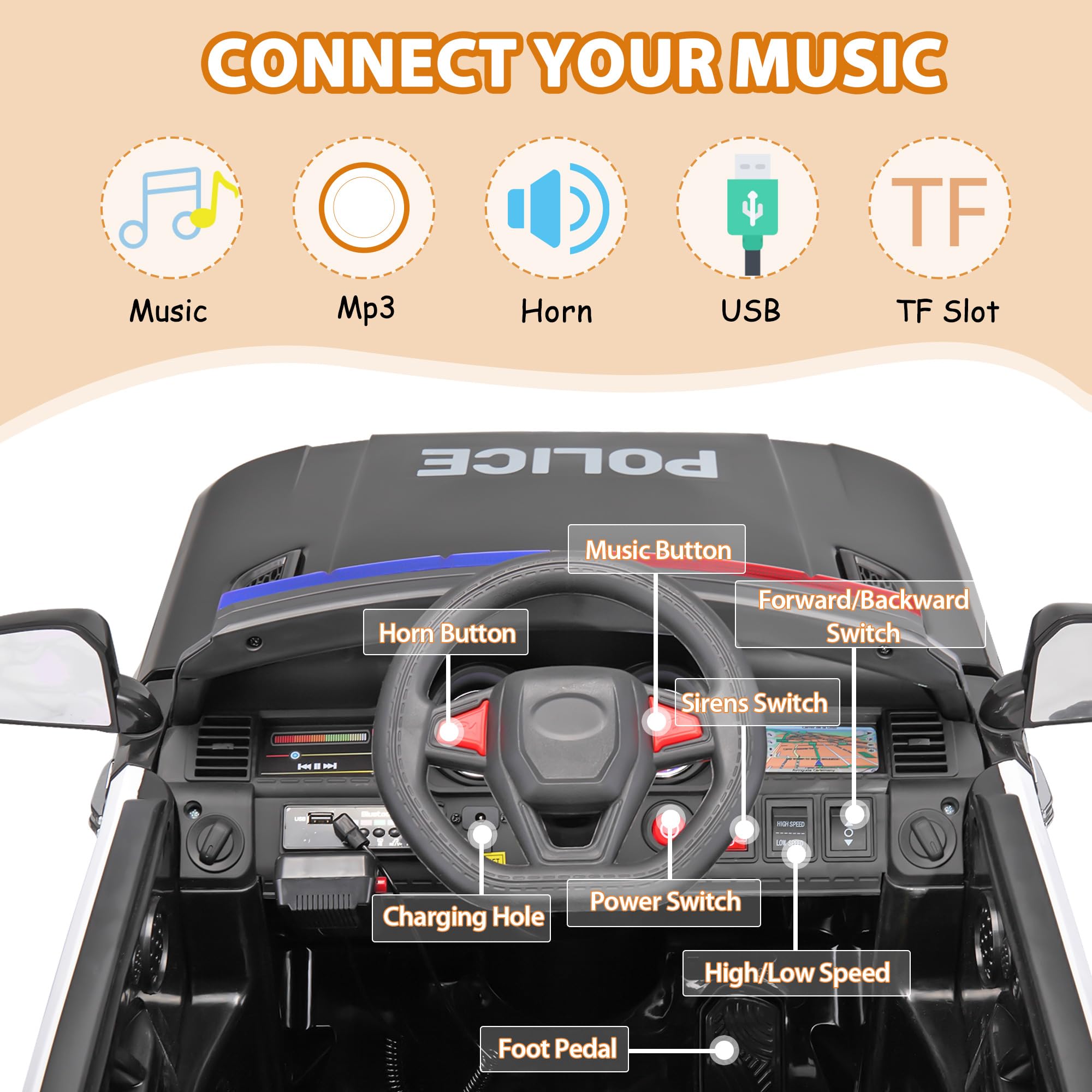 TOBBI Police Car Ride on Electric Car for Kids to Drive Battery Powered Ride-on Toys Cop Cars with Remote Control, Siren, Flashing Lights, Music, Spring Suspension, Carbon Black