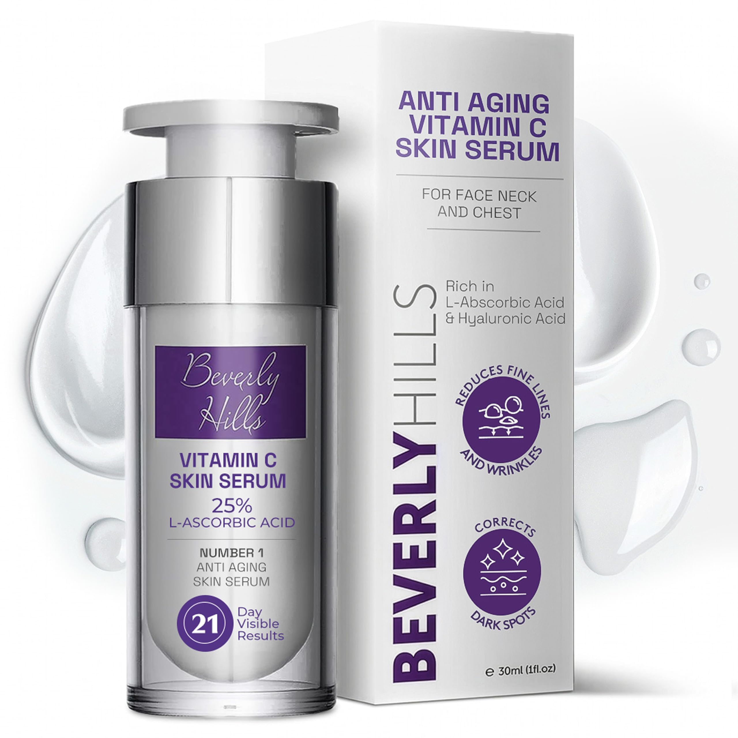 Beverly Hills Vitamin C Serum 30ml | 15% L-Ascorbic Acid, Ferulic Acid & Vitamin E | Anti-Ageing Brightening Serum | pH 3.2 | Enhanced with Transcutol for Deep Delivery