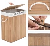 SONGMICS 100L Bamboo Laundry Basket with Lid Foldable 2 Compartments LCB64Y view 5