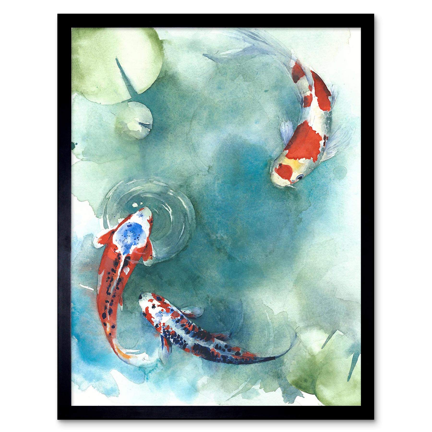Wee Blue Coo Japanese Koi Fish With Lilies Art Print Framed Poster Wall Decor 12X16 Inch