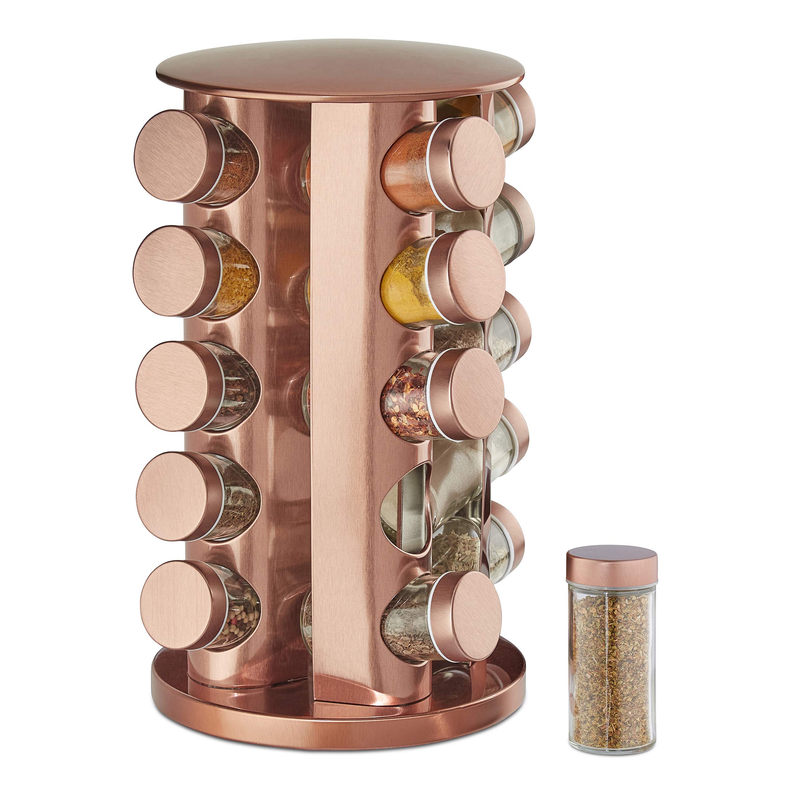Relaxdays Spice Rack, 20 Glass Jars, Rotatable, Stainless Steel, H x D: approx. 34 x 22 cm, Copper