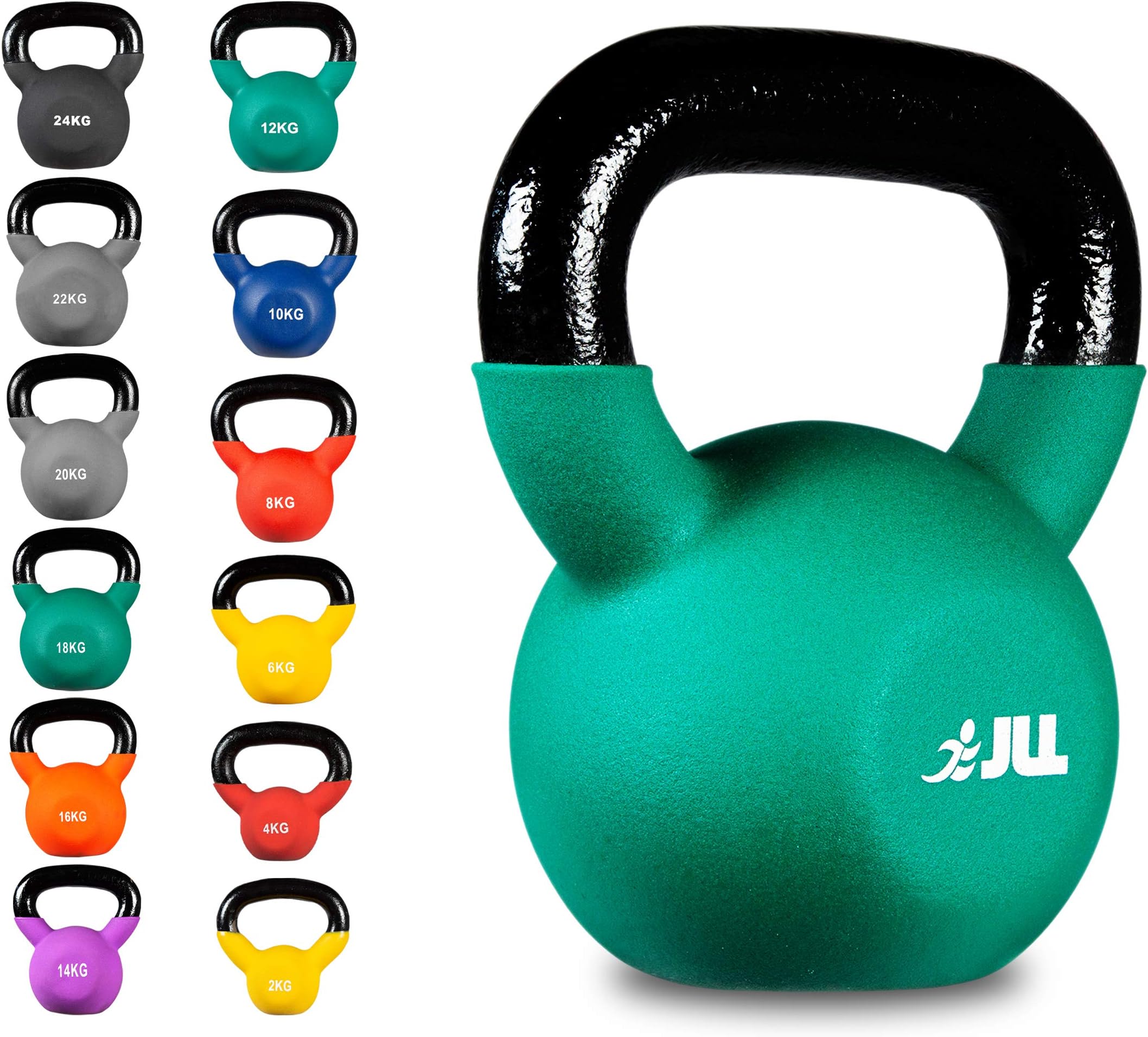 JLL® Neoprene Covered Kettlebells 2kg-24kg, Colour Coded Weights, Covered Cast Iron, Home Gym, Fitness, Exercise, Weight Training
