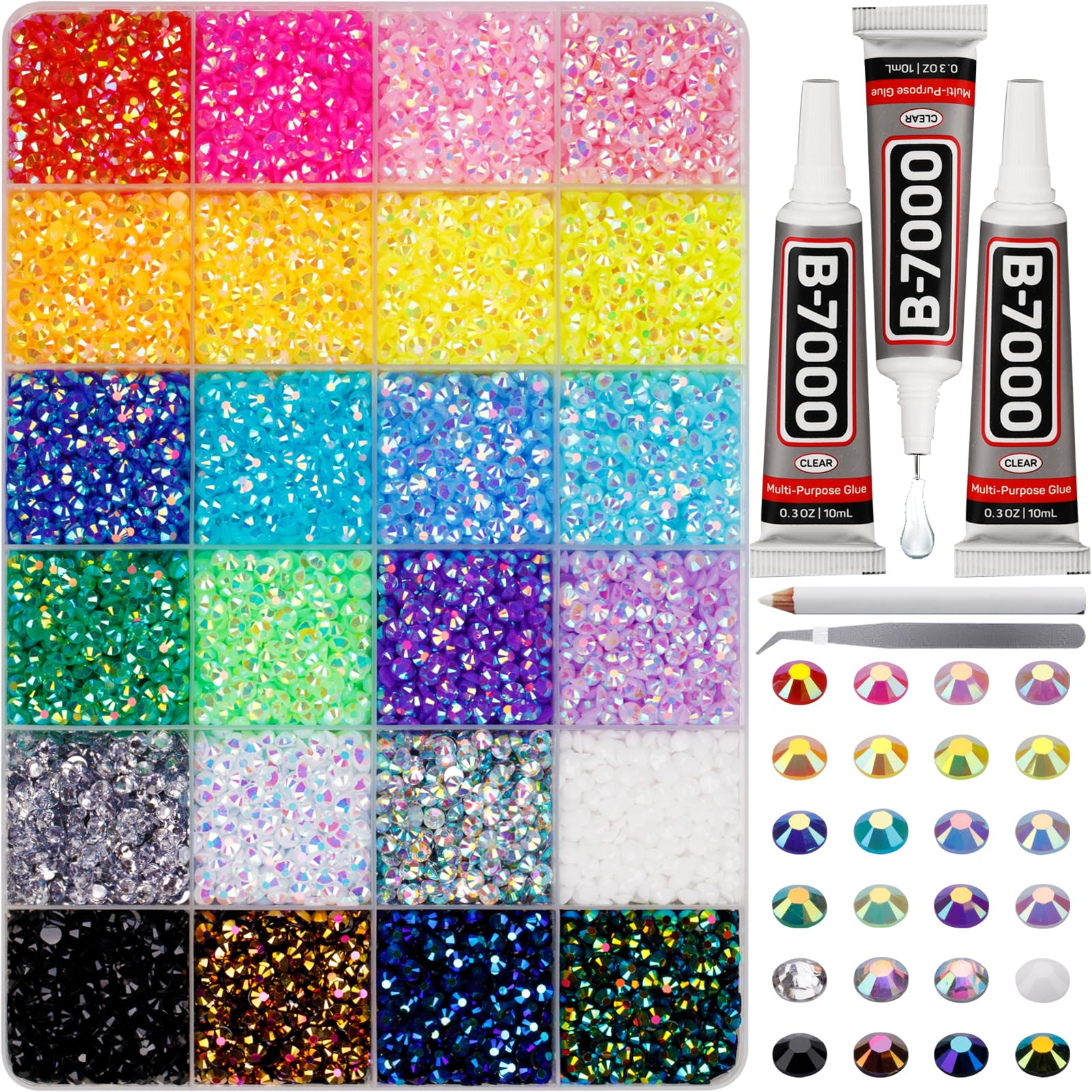 Photo 1 of 17000Pcs Rhinestones for Bedazzling, 4mm Bedazzler Kit with Flatback Rhinestones for Clothes Crafting Crafts Nails Clothing, Flat Back Resin Rainbow Colorful Colored Crystal with B 7000 Glue Clear