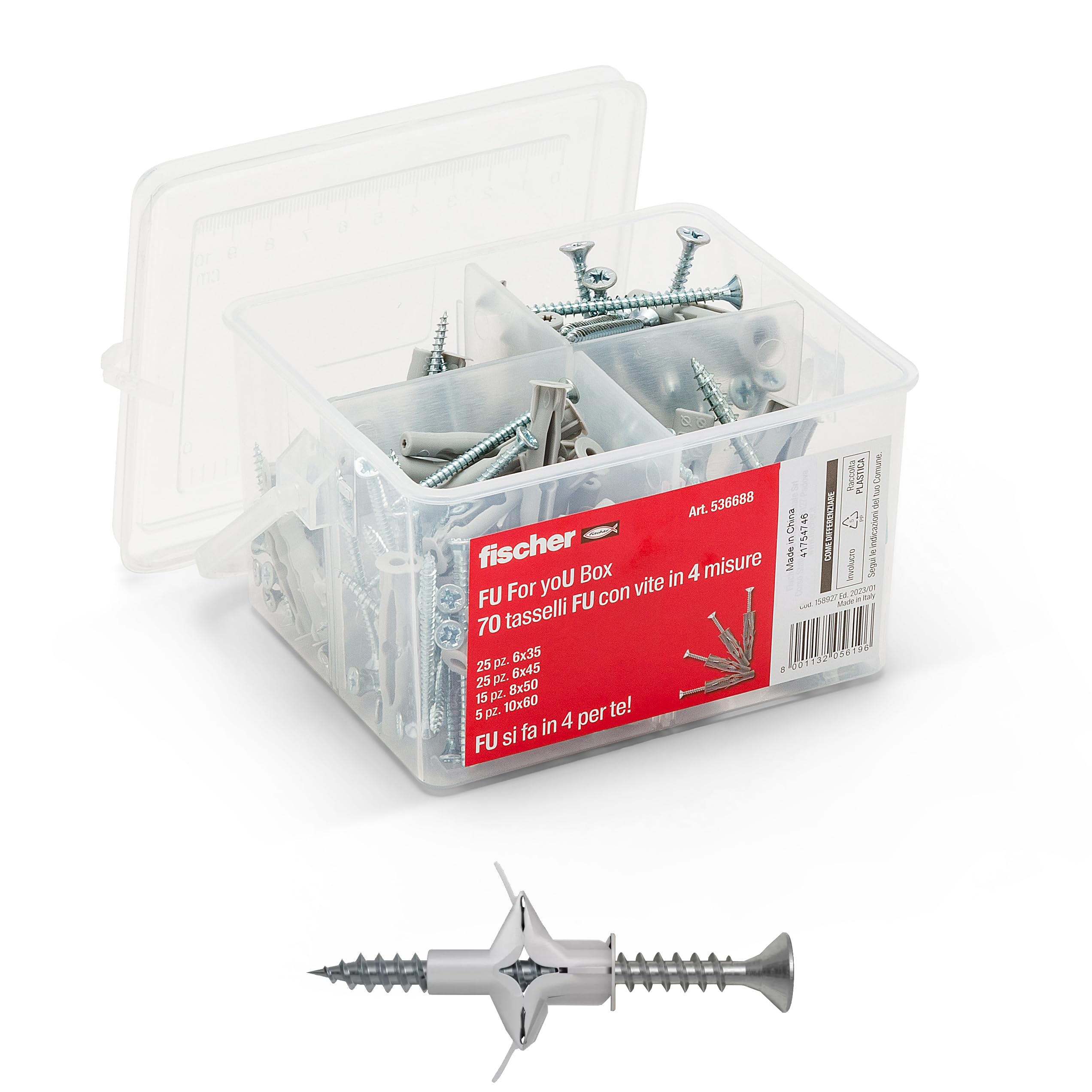 Fischer Kit for You Box 536688 536688 FU Dowels with Screw for Solid Wall, Plasterboard and Slabs, Grey