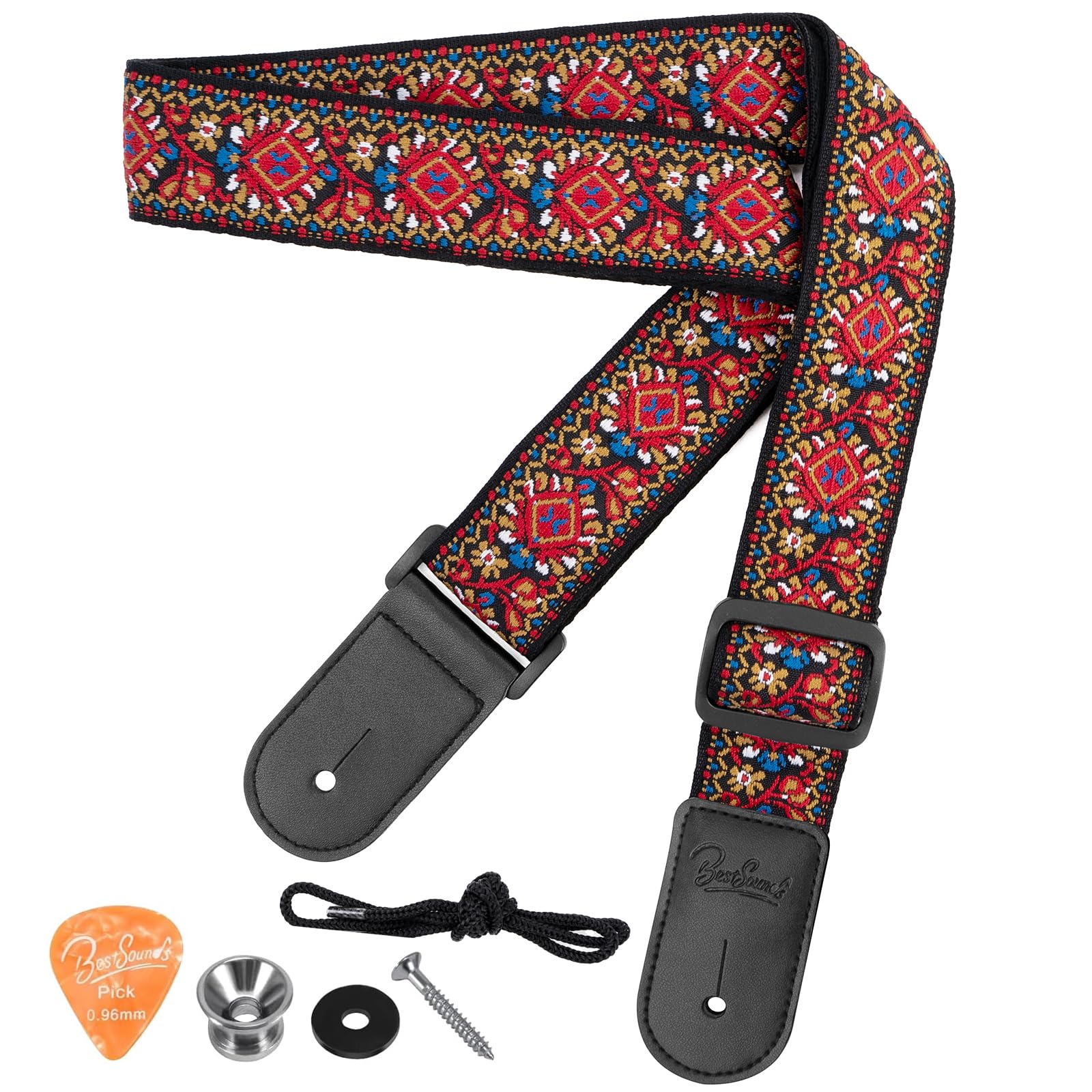 Ukulele Strap, BestSounds Jacquard Weave Adjustable Uke Mandolin Shoulder Straps for Adult & Kids, Ukulele Button Accessories (Red)