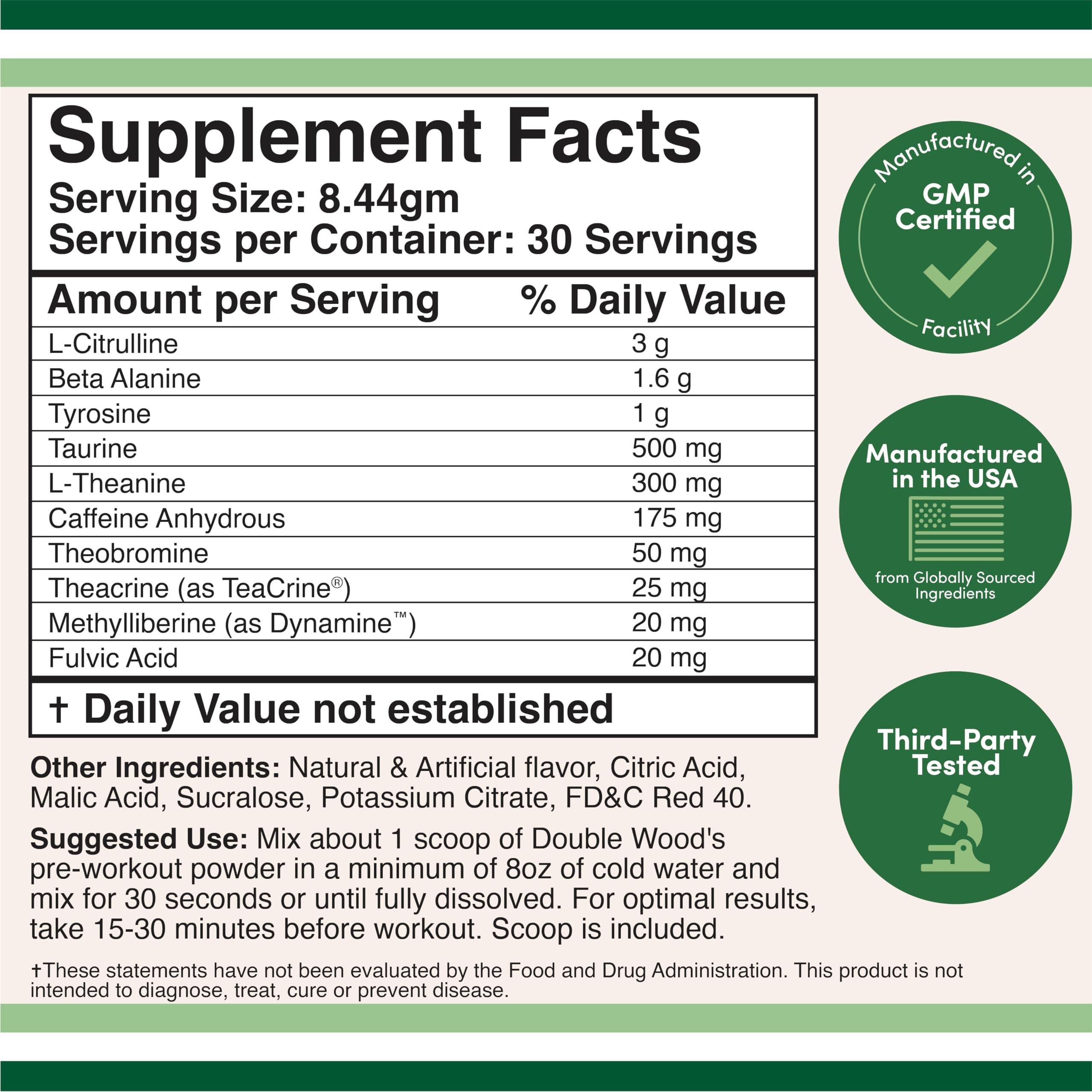 Pre Workout Powder for Men & Women (30 Servings of Caffeine, Beta Alanine, L-Citrulline, Dynamine, L-Theanine, Taurine, Theacrine, & More) Preworkout Powder with Scoop by Double Wood (Fruit Punch)