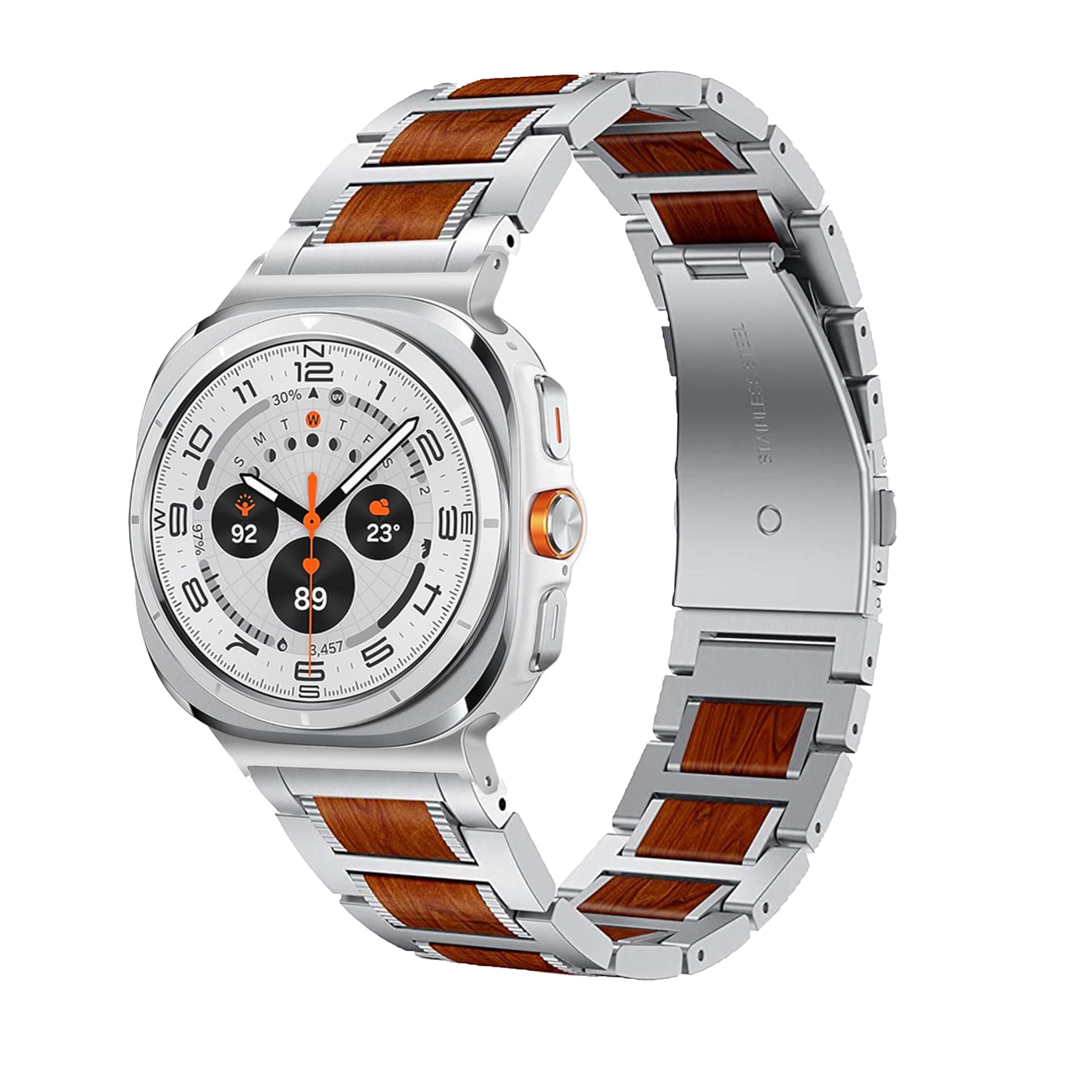 Photo 1 of YEEJOK Compatible for Samsung Galaxy Watch Ultra Bands 47mm, Stainless Steel Metal+Wooden Watch Straps Replacement for Men Women Smartwatch Accessory-Silver