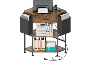YAOHUOO Corner Printer Stand with Power Outlet/Storage Fabric Drawer，Printer Table for Home Office with Height Adjustable Shelf/Side Pockets,Rustic Brown