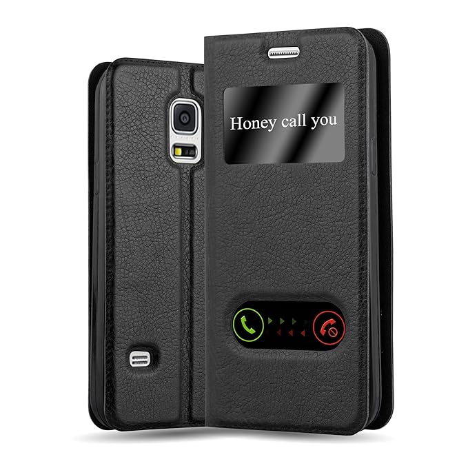Cadorabo Hülle für Samsung Galaxy S5 / S5 NEO - Hülle in KOMETEN SCHWARZ – Handyhülle im Standfunktion und 2 Fenstern (View D